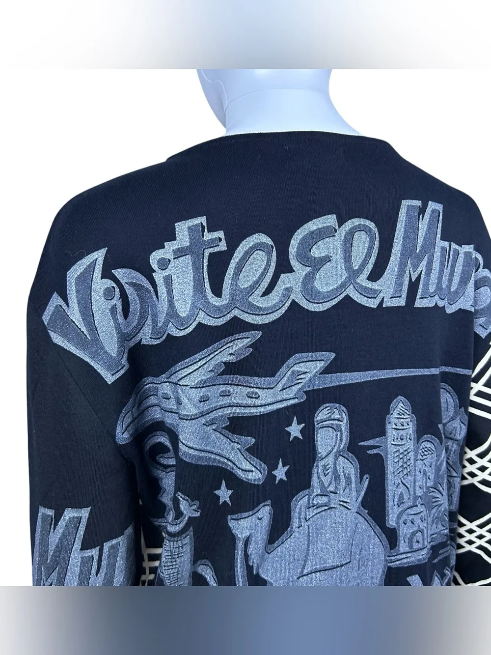 Vintage 90s Custo Barcelona Blue Tower Graphic Print Long Sleeve Top S Rare Y2K